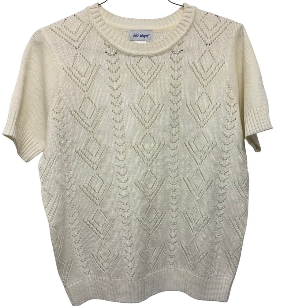 Vicki Wayne Women's White Short Sleeve Knit Sweater Top Large, 100% Acrylic